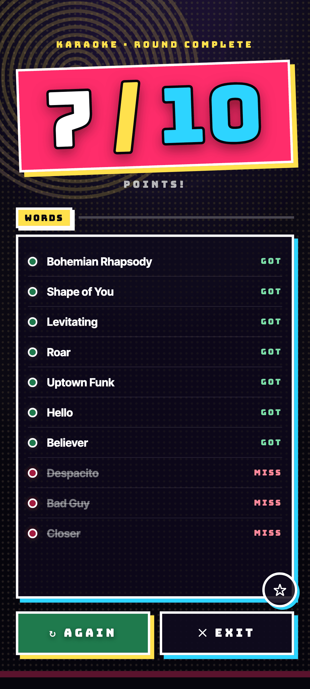 End of round results showing words guessed
