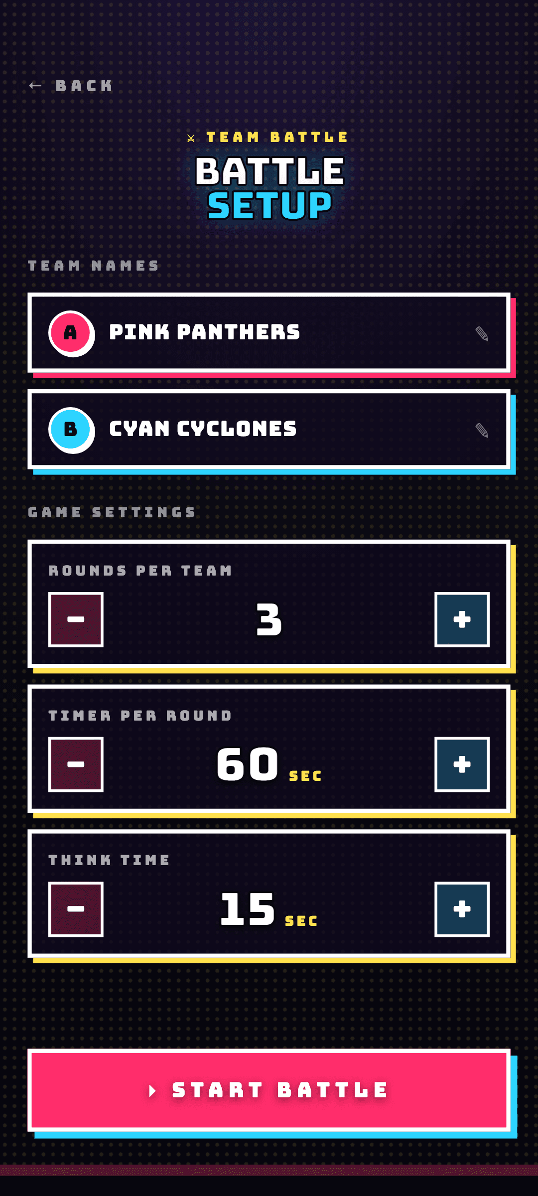 Team Battle setup — name your teams and pick rounds