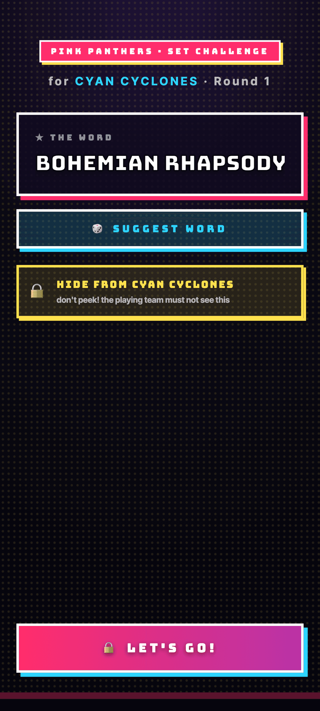 Team Battle step 2: Set the word — Challenger team picks a word. Suggest one or pick from the deck.